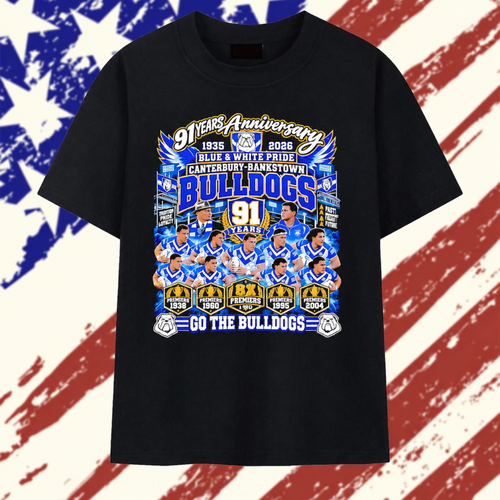 Canterbury Bankstown Bulldogs 91 Years Anniversary 8x Premiers Blue and White Pride T Shirt