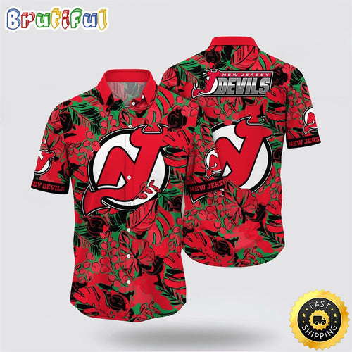 NHL New Jersey Devils Hawaiian Shirt Tropical Leaf Pattern Summer Hawaiian Shirt