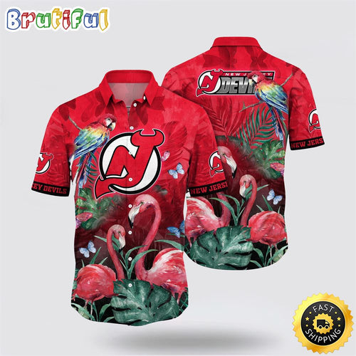 NHL New Jersey Devils Hawaiian Shirt Tropical Parrot And Flamingo Motifs Summer Hawaiian Shirt