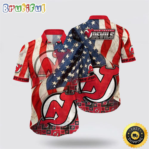 NHL New Jersey Devils Hawaiian Shirt With American Flag Pattern Summer Hawaiian Shirt