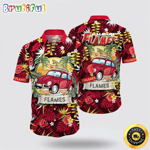 NHL Calgary Flames Hawaiian Shirt Tropical Forest Motif Car Traveling Summer Hawaiian Shirt