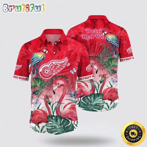 NHL Detroit Red Wings Hawaiian Shirt Tropical Parrot And Flamingo Motifs Summer Hawaiian Shirt
