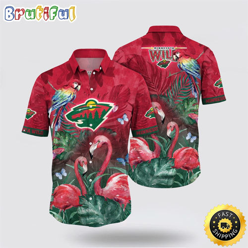 NHL Minnesota Wild Hawaiian Shirt Tropical Parrot And Flamingo Motifs Summer Hawaiian Shirt