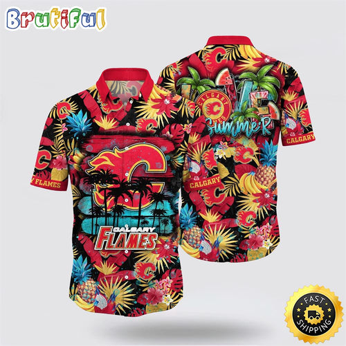 NHL Calgary Flames Hawaiian Shirt With Tropical Fruits Summer Hawaiian Shirt