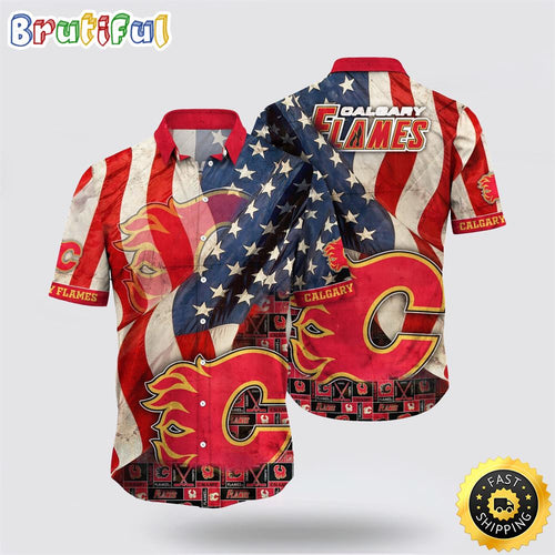 NHL Calgary Flames Hawaiian Shirt With American Flag Pattern Summer Hawaiian Shirt