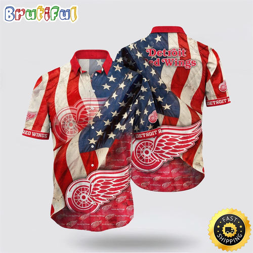 NHL Detroit Red Wings Hawaiian Shirt With American Flag Pattern Summer Hawaiian Shirt