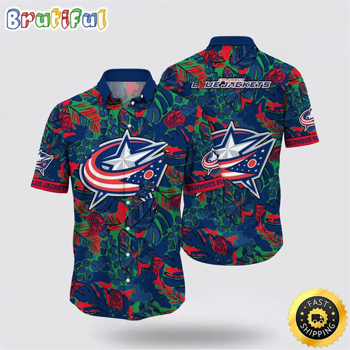 NHL Columbus Blue Jackets Hawaiian Shirt Tropical Leaf Pattern Summer Hawaiian Shirt