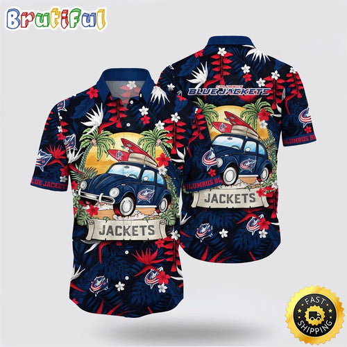 NHL Columbus Blue Jackets Hawaiian Shirt Tropical Forest Motif Car Traveling Summer Hawaiian Shirt