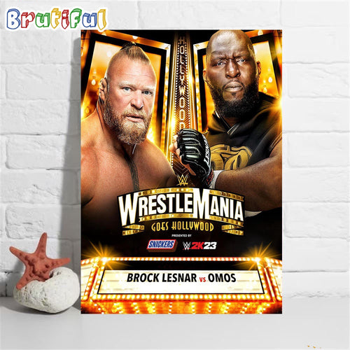 Brock Lesnar Vs The Giant Omos At WWE WrestleMania Goes Hollywood Wall Art Poster Canvas