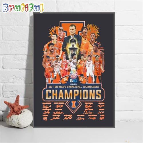Illinois Fighting Illini 2024 Big Ten Men’s Basketball Tournament Champions Signatures Wall Art Poster Canvas