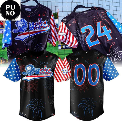 Long Island Ducks Celebrating 4th of July 2026 Fireworks Personalized Baseball Jersey