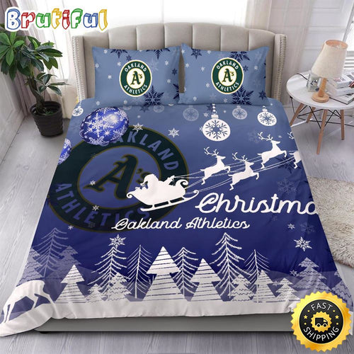 MLB Oakland Athletics Bedding Sets Santa Claus Sleigh And Reindeer Christmas Bedding Sets Quilt Bedding Sets