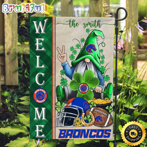 NCAA Boise State Broncos Garden Flag St Patricks Day Gnome Shamrock Welcome Garden Flag