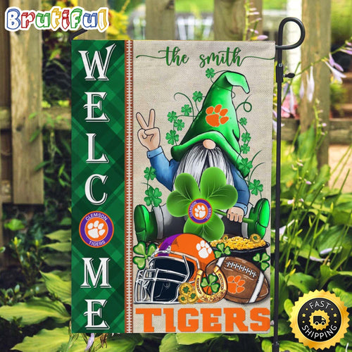 NCAA Clemson Tigers Garden Flag St Patricks Day Gnome Shamrock Welcome Garden Flag
