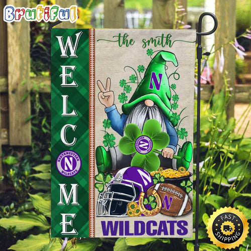 NCAA Northwestern Wildcats Garden Flag St Patricks Day Gnome Shamrock Welcome Garden Flag