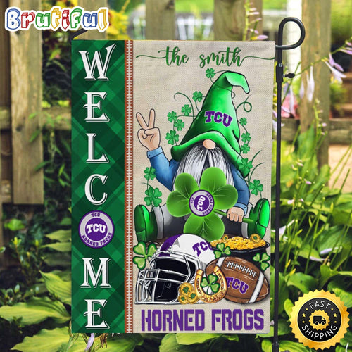 NCAA TCU Horned Frogs Garden Flag St Patricks Day Gnome Shamrock Welcome Garden Flag