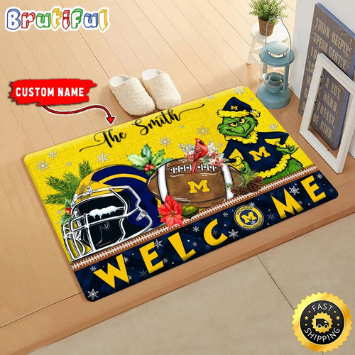 NCAA Michigan Wolverines Doormat Grinch Christmas Welcome Custom Name Football Doormat