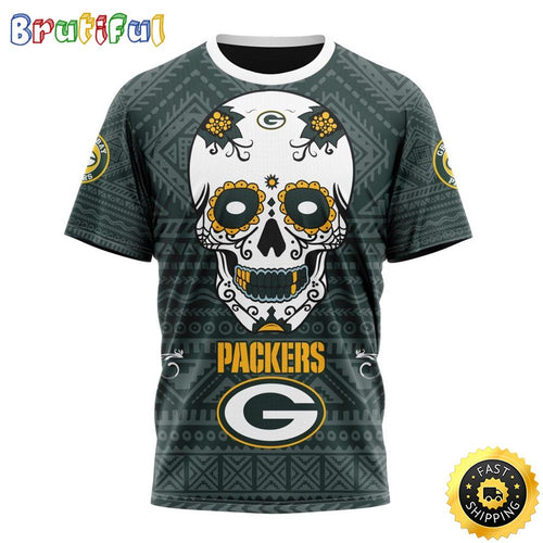 NFL Green Bay Packers All Over Print 3D T Shirt Specialized Kits For Dia De Muertos Show Your Team Spirit