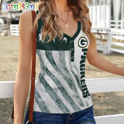 NFL Green Bay Packers Special American Flag Women V-Neck Ribbed Tank Top
