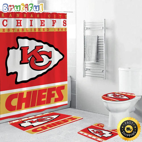 NFL Kansas City Chiefs Flag Shower Curtain Football Bathroom Mat Set and Shower Curtain