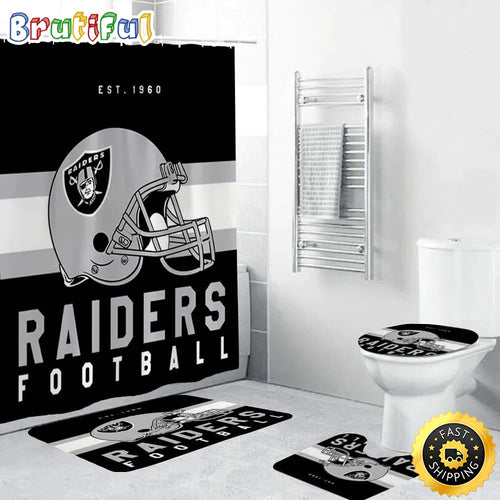 NFL Las Vegas Raiders Helmet Shower Curtain Football Bathroom Mat Set and Shower Curtain