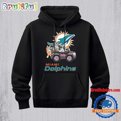 NFL Miami Dolphins Special Bluey Bingo And Muffin In The Car Hoodie, Football Bluey 2D Shirt