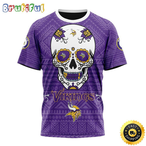 NFL Minnesota Vikings All Over Print 3D T Shirt Specialized Kits For Dia De Muertos Show Your Team Spirit