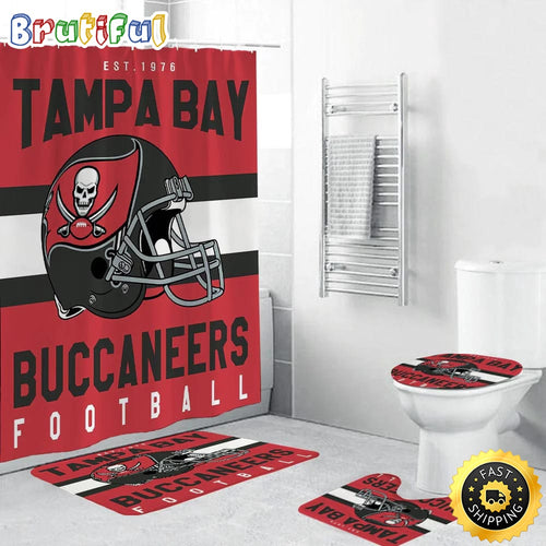NFL Tampa Bay Buccaneers Helmet Shower Curtain Football Bathroom Mat Set and Shower Curtain