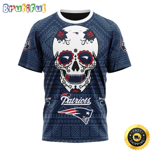 NFL New England Patriots All Over Print 3D T Shirt Specialized Kits For Dia De Muertos Show Your Team Spirit