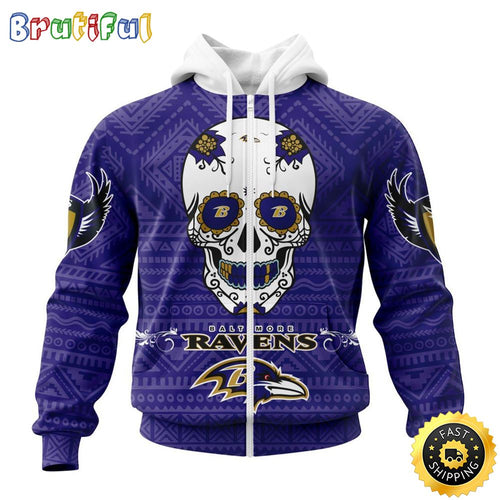 NFL Baltimore Ravens All Over Print Zip Hoodie 3D Specialized Kits For Dia De Muertos Show Your Team Spirit