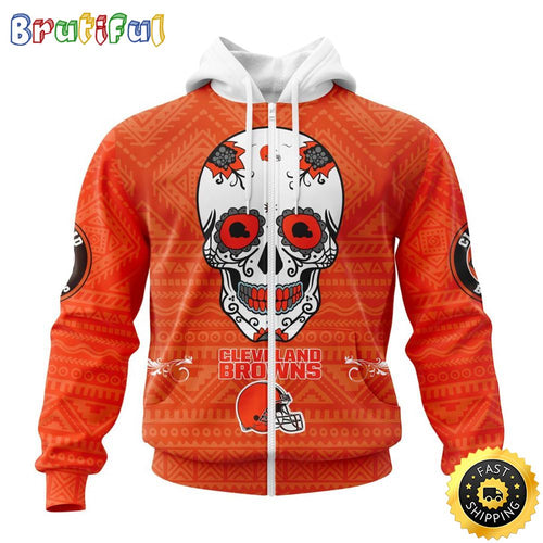 NFL Cleveland Browns All Over Print Zip Hoodie 3D Specialized Kits For Dia De Muertos Show Your Team Spirit