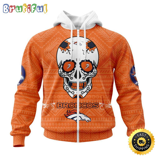 NFL Denver Broncos All Over Print Zip Hoodie 3D Specialized Kits For Dia De Muertos Show Your Team Spirit