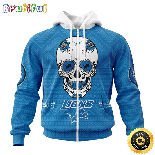 NFL Detroit Lions All Over Print Zip Hoodie 3D Specialized Kits For Dia De Muertos Show Your Team Spirit