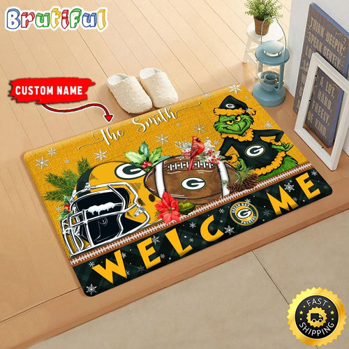 NFL Green Bay Packers Doormat Grinch Christmas Welcome Custom Name Football Doormat