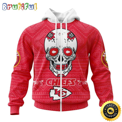NFL Kansas City Chiefs All Over Print Zip Hoodie 3D Specialized Kits For Dia De Muertos Show Your Team Spirit
