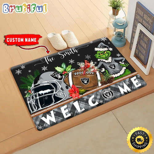 NFL Las Vegas Raiders Doormat Grinch Christmas Welcome Custom Name Football Doormat