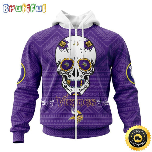 NFL Minnesota Vikings All Over Print Zip Hoodie 3D Specialized Kits For Dia De Muertos Show Your Team Spirit