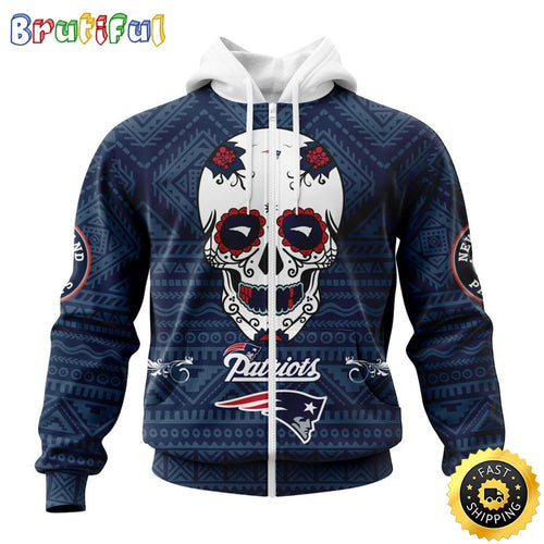 NFL New England Patriots All Over Print Zip Hoodie 3D Specialized Kits For Dia De Muertos Show Your Team Spirit