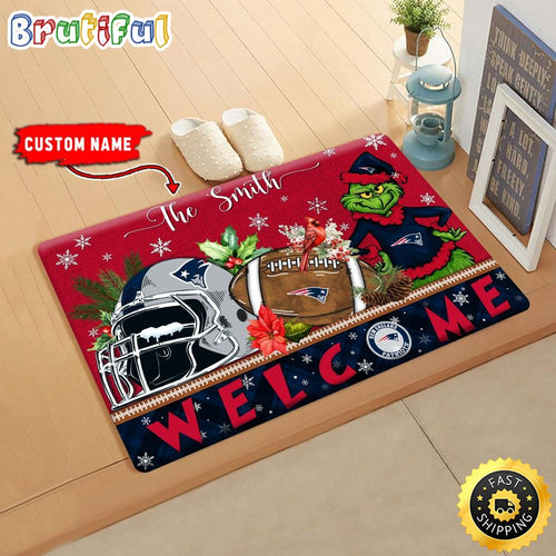 NFL New England Patriots Doormat Grinch Christmas Welcome Custom Name Football Doormat