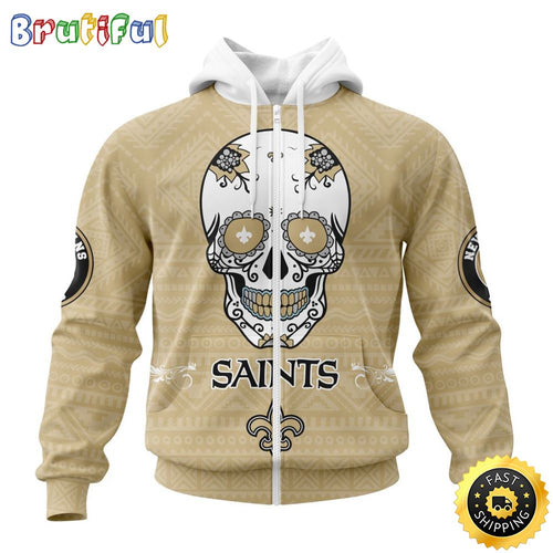 NFL New Orleans Saints All Over Print Zip Hoodie 3D Specialized Kits For Dia De Muertos Show Your Team Spirit