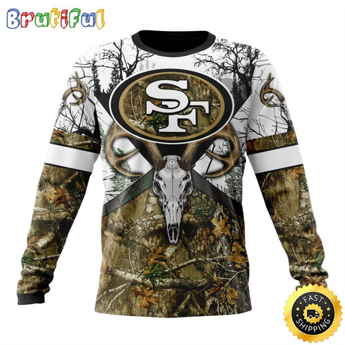 NFL San Francisco 49ers Crewneck Sweatshirt Deer Skull And Forest Pattern Represent Your Team