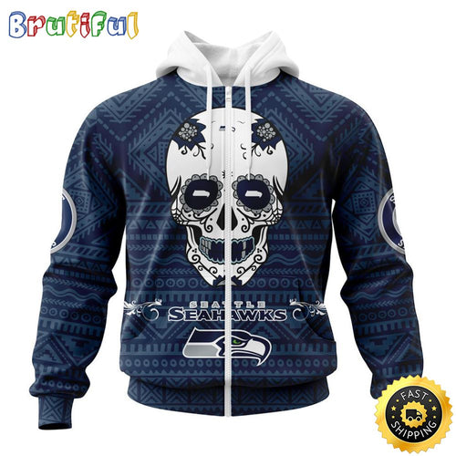 NFL Seattle Seahawks All Over Print Zip Hoodie 3D Specialized Kits For Dia De Muertos Show Your Team Spirit