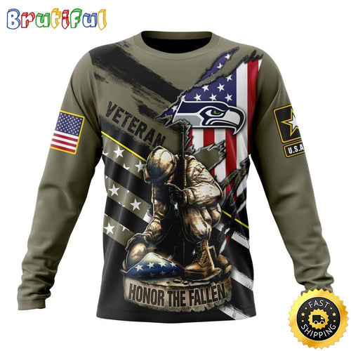 NFL Seattle Seahawks Crewneck Sweatshirt Honor Veterans Kneeling Soldier Gifts For Football Fans