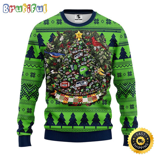 NFL Seattle Seahawks Ugly Christmas Sweater Ball Pine Tree Christmas Unisex Sweater