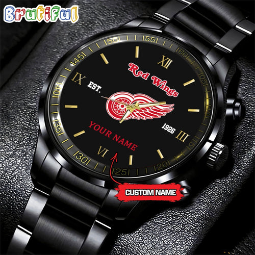 NHL Detroit Red Wings Black Fashion Watch Custom Hockey Game Time