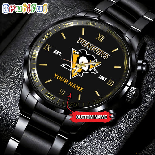 NHL Pittsburgh Penguins Black Fashion Watch Custom Hockey Game Time