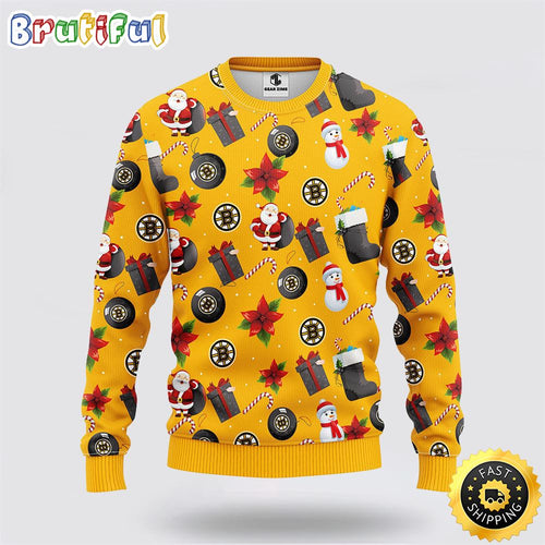 NHL Boston Bruins Ugly Sweater Santa Claus Snowman Ugly Christmas Sweater