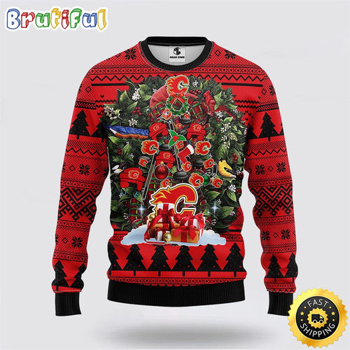 NHL Calgary Flames Ugly Sweater Tree Ugly Christmas Fleece Sweater