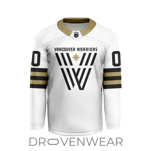 Nll Vancouver Warriors Personalized White V-shaped Hockey Jersey Design