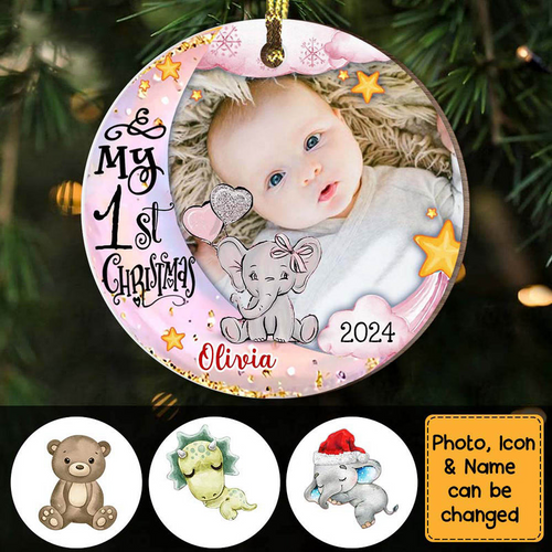 Custom Photo Baby’s First Christmas Animal - Personalized Circle Wood Ornament - Babies 1st Christmas Gifts